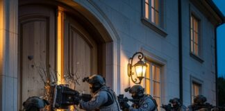 SWAT team breaching a door during a nighttime operation