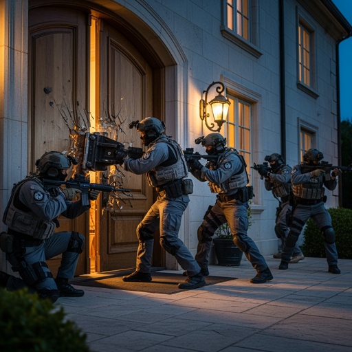 shutterstock_2703333543.jpg SWAT team breaching a door during a nighttime operation