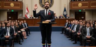 A man in a suit taking an oath with a rainbow sock visible