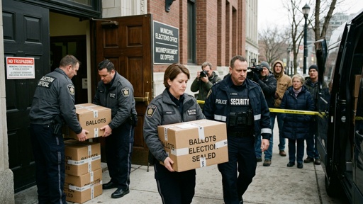 shutterstock_2757718791.jpg Law enforcement officers transporting sealed ballot boxes outside an election office