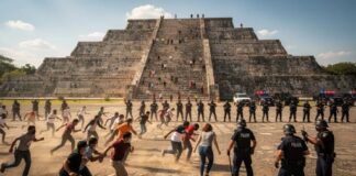 Crowd running in front of a pyramid with police in formation