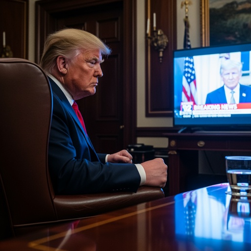 Trump,Starring,At,Television,Angirly A political figure seated in the Oval Office, watching a television broadcast