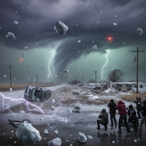 shutterstock_2705942135.jpg A tornado with lightning strikes and debris in a stormy landscape