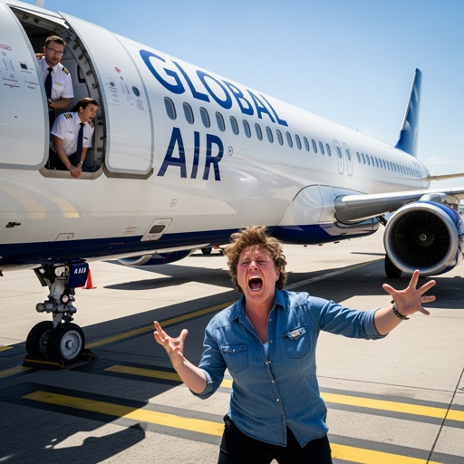 Passenger,Having,Tantrum,In,Front,Of,Shocked,Airplane A person joyfully celebrating near an airplane with crew members visible in the background