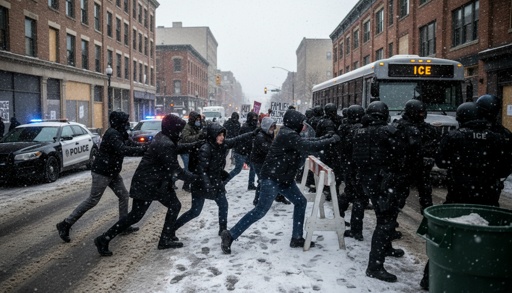 Streets,Of,Cold,Minnesota,Protesers,Getting,Aggresive,With,Ice,Agents A chaotic scene of a protest with police and demonstrators in a snowy urban setting