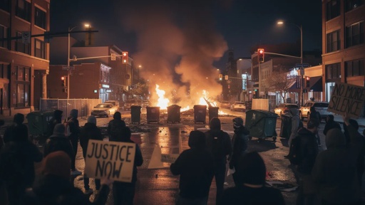 Protesters marching in a street with signs, flames visible in the background
