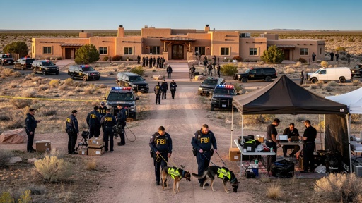 Epstein's,Zorro,Ranch,Being,Raided,By,Fbi,With,Cadaver,Dogs FBI agents conducting an operation at a desert location with vehicles and tents