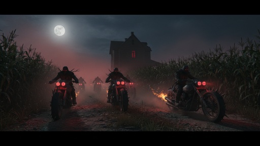 shutterstock_2772792151.jpg Motorcycle riders traveling through a cornfield at night under a full moon