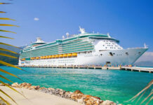 HORRIFYING Disney Worker Bust—Then They VANISHED… Large cruise ship docked near turquoise water and foliage.