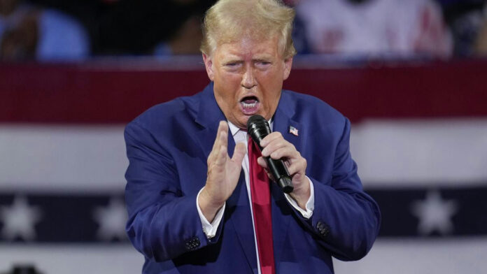 donald2 A man in a blue suit passionately speaking into a microphone at a rally