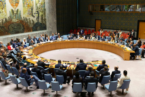 shutterstock_1455825092-1 UN Security Council meeting in session, multiple representatives attending.