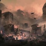 HISTORIC Treasure Burns — TORCHED in MONSTER Barrage A post-apocalyptic urban landscape with destroyed buildings and helicopters overhead