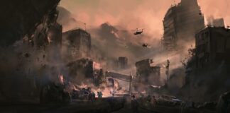 A post-apocalyptic urban landscape with destroyed buildings and helicopters overhead