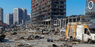 Urban destruction with burnt vehicles and damaged buildings.