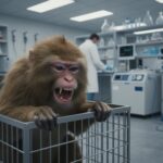 FBI Busts NIH Researchers For SMUGGLING DEADLY Virus A monkey in a cage in a laboratory setting, appearing agitated