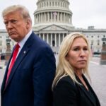 Trump’s Grip: The GOP Power Struggle Trump Still Hasn’t Won Two political figures standing in front of the Capitol building with flags in the background