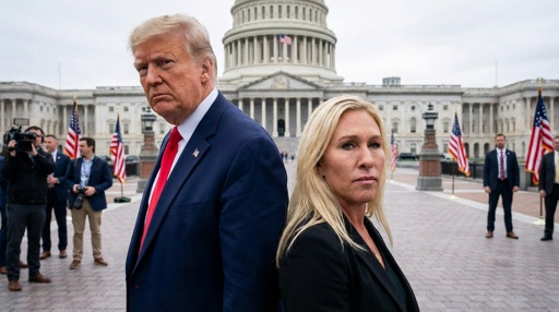 Two political figures standing in front of the Capitol building with flags in the background