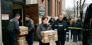 Law enforcement officers transporting sealed ballot boxes outside an election office