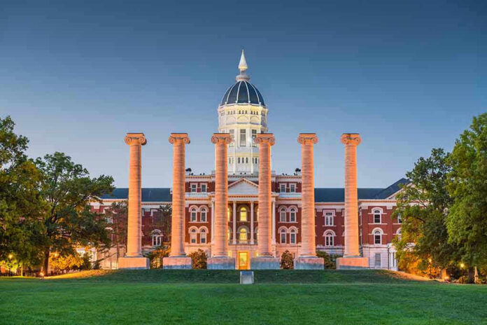 1255396594 Historic building with columns at sunset, front view.