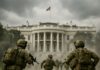 Soldiers advancing towards the White House during a military operation