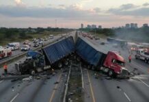 New Details Reveal Driver’s High Blood Alcohol Level Two overturned trucks blocking a highway with emergency responders at the scene