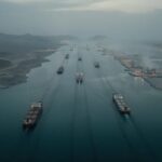 The World’s Oil Lifeline Is Under Fire Aerial view of cargo ships navigating a shipping channel