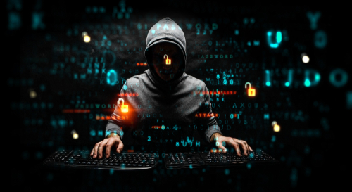 Hacker in hoodie surrounded by digital symbols and locks.