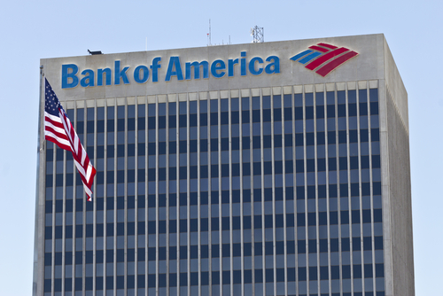 Bank of America building with an American flag.